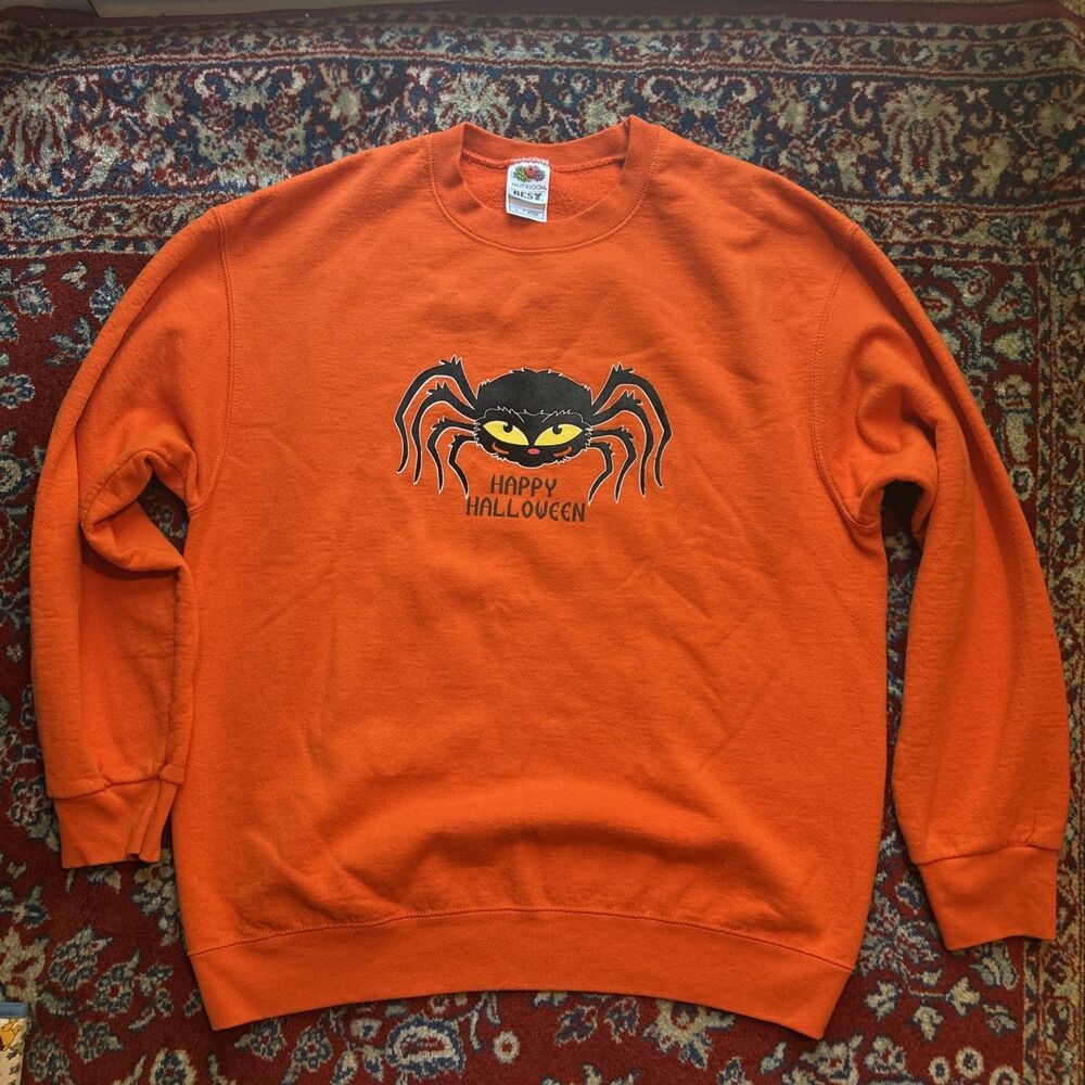 Vintage Fruit Of The Loom Sweatshirt Womens Large Orange Halloween Spider